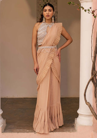 Beige pre-draped sari set