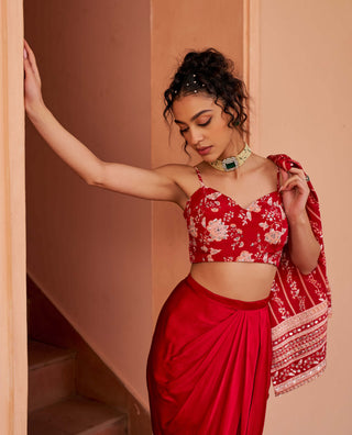 Chhavvi Aggarwal-Red Printed Cape And Draped Skirt-INDIASPOPUP.COM