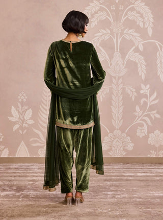 Military green velvet kurta set