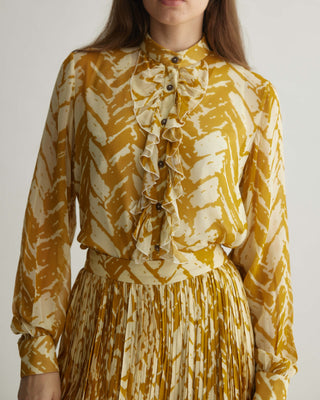 Beige and mustard chevron print shirt and pants