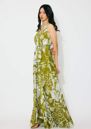 Leaf green and white floral sleeveless long dress