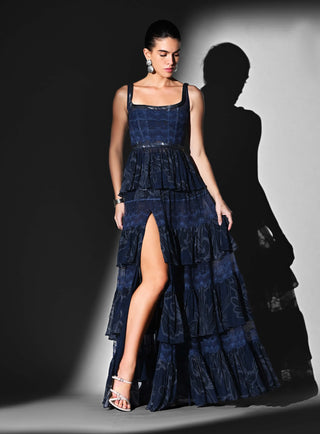 Indigo swirl print peplum top and tier skirt