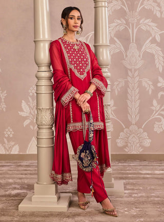 Bold red embroidered organza kurta set