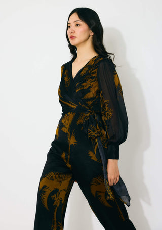 Black and gold floral wrap jumpsuit