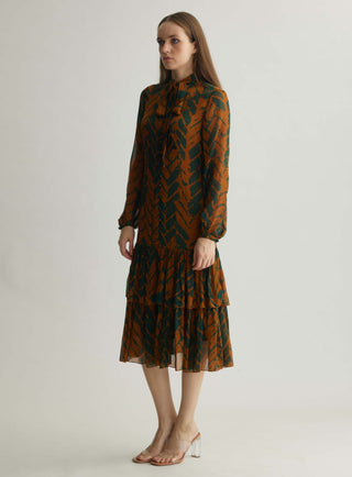 Rust and green chevron print midi dress