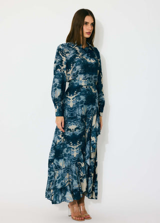 Blue, indigo and beige toile print shirt and skirt