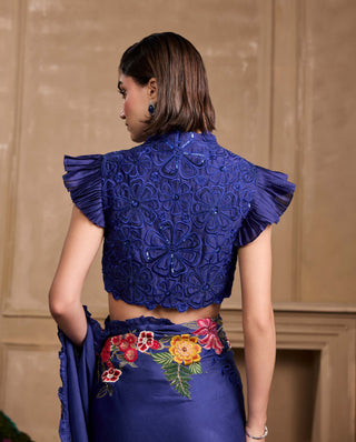 Cobalt blue floral ruffled top and sari