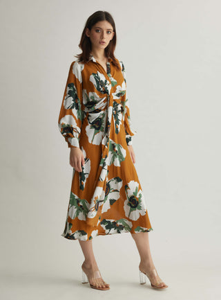 Rust and white floral drape shirt dress