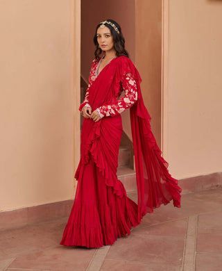 Chhavvi Aggarwal-Red Draped Sari And Blouse-INDIASPOPUP.COM