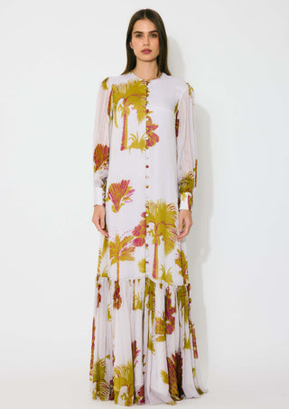 Beige, mustard and hot pink floral shirt dress