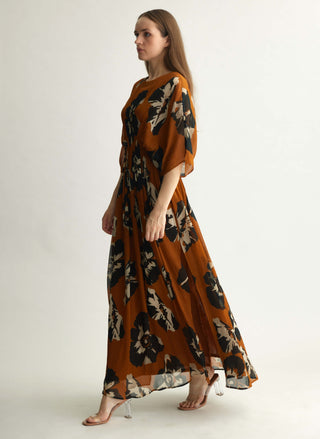 Rust And Black Floral Kaftan Dress by Koai available on Indiaspopup