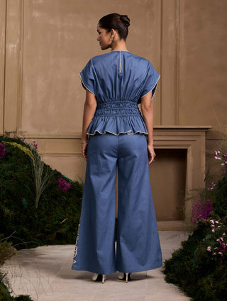 Blue contrast cutwork pleated top and flared pants