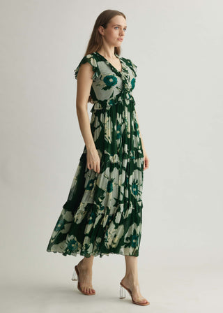 Green and beige floral midi dress