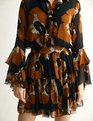 Black and rust floral frill top and skirt