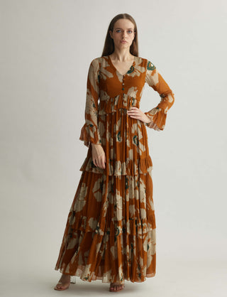 Rust And Beige Floral Long Dress by Koai available on Indiaspopup