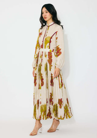 Beige, mustard and hot pink floral shirt dress