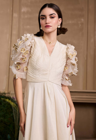 Ivory & gold pleated embroidered flounce dress