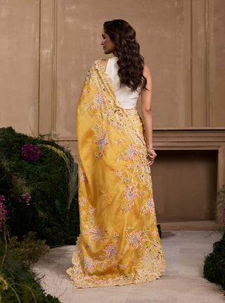 Ivory 3d rose applique top and yellow sari