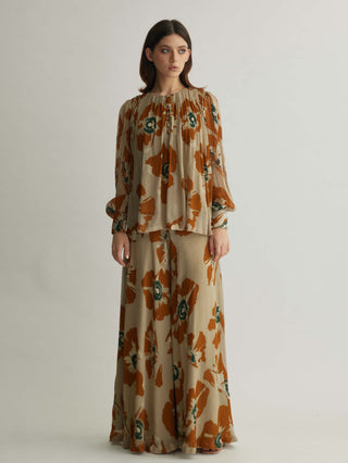 Beige and rust floral pleated top and pants