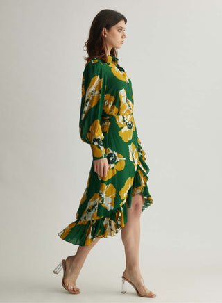 Green And Mustard Floral Shirt And Skirt by Koai available on Indiaspopup