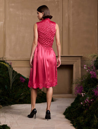 Fuchsia ruched cutwork dress and jacket