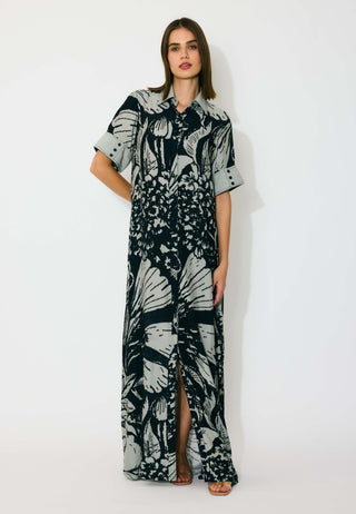 Gray and black floral shirt dress