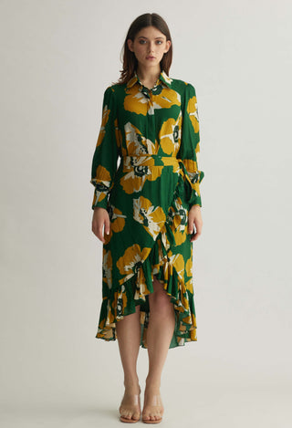 Green and mustard floral shirt and skirt