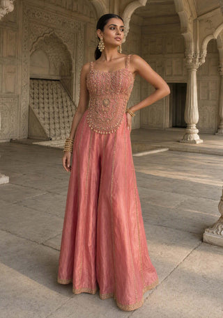 Kundan rivaaz pink corset top with sharara