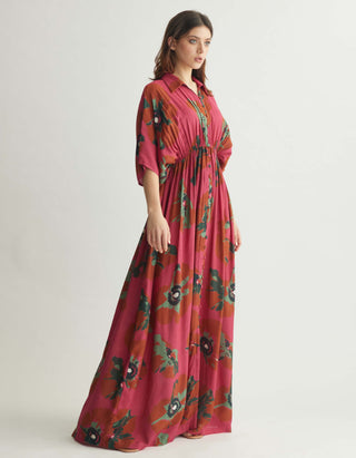 Red pink and mint floral long shirt dress