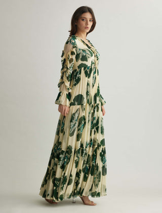 Beige And Green Floral Frill Dress by Koai available on Indiaspopup