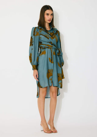 Sky blue and mustard floral wrap shirt dress