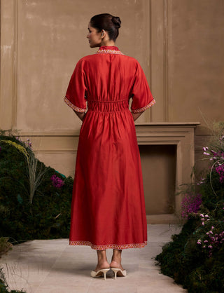 Red embroidered corseted shirt dress