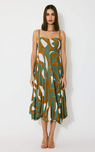 Green, brown and cream pattern midi dress