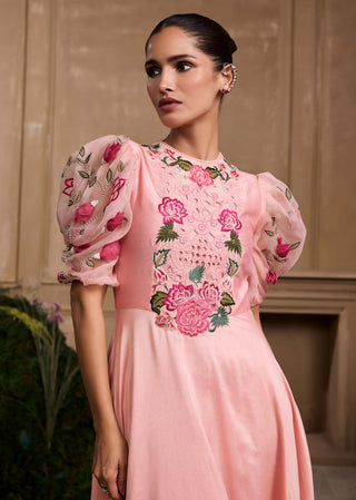 Rose Pink Embroidered Flounce Dress by Chandrima available on Indiaspopup