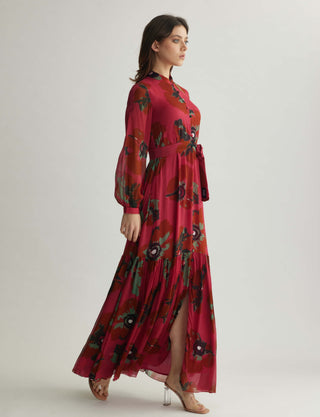 Red pink and mint floral long dress