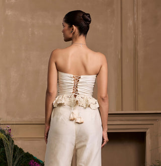 Ivory Smocked Ruffled Bustier And Jacket by Chandrima available on Indiaspopup