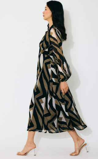 Gold, black and white pattern midi dress
