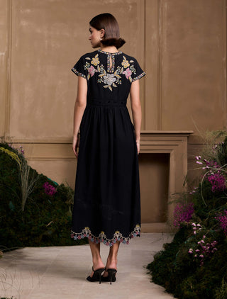 Black Floral Embroidered Midi Dress by Chandrima available on Indiaspopup