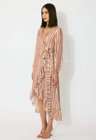 Peach and cream pattern wrap dress