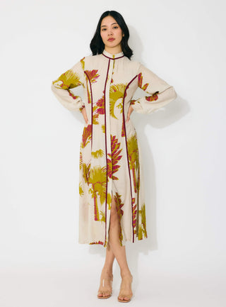Beige, mustard and hot pink floral shirt dress