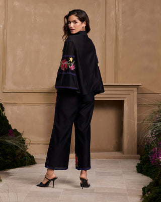 Black floral embroidered panel shirt and pants