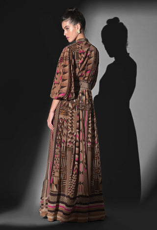 Geometric fuchsia placement print maxi dress and belt