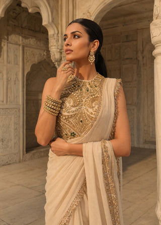 Heera bag ivory pre-draped sari with blouse