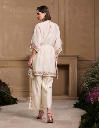 Ivory Floral Embroidered Yoke Detail Kaftan And Pant by Chandrima available on Indiaspopup