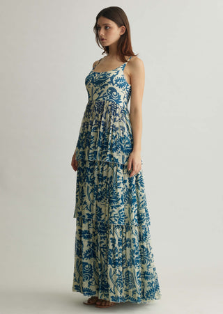 White blue floral long dress