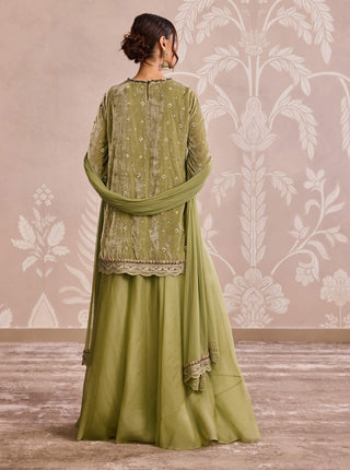 Olive green velvet kurta and sharara set