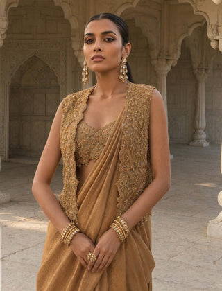 Kachanabari gold pre-draped sari with jacket and blouse
