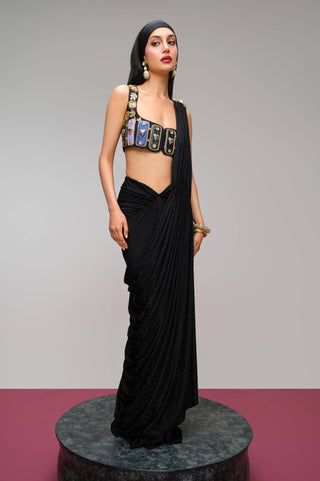Black liquid stone draped sari set