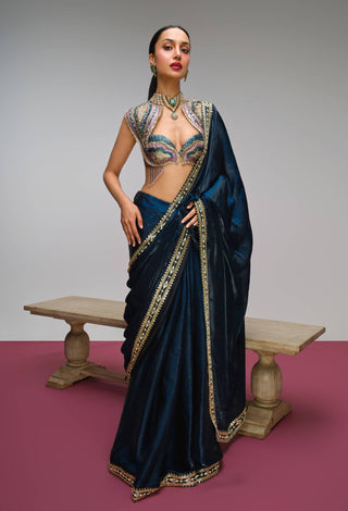 Petrol blue embellished organza pre-draped sari set