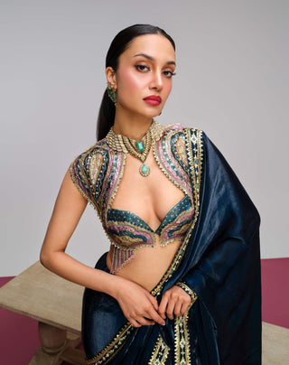 Petrol blue embellished organza pre-draped sari set